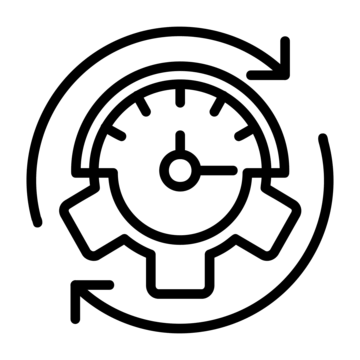 Icono de eficiencia con engranaje, velocímetro y flechas circulares que simbolizan mejora continua o automatización