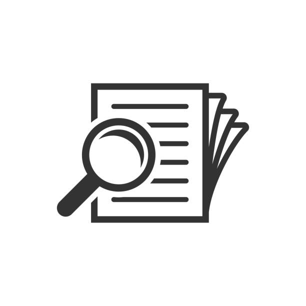 Icono de una lupa sobre documentos apilados, representando búsqueda de información o proceso de investigación