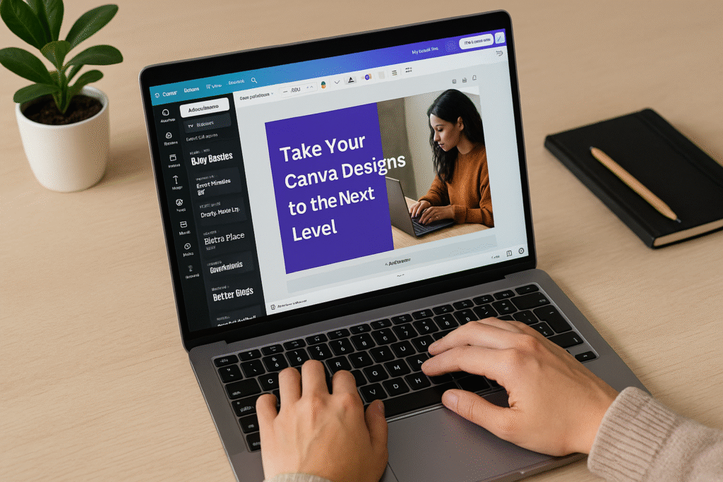 Hands editing a Canva template that reads “Take your Canva Designs to the Next Level” on a laptop screen.